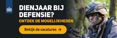 Dienjaar bij Defensie? Ontdek de mogelijkheden. Bekijk de vacatures. De banner linkt naar de pagina Dienjaar Defensie op werkenbijdefensie.nl.