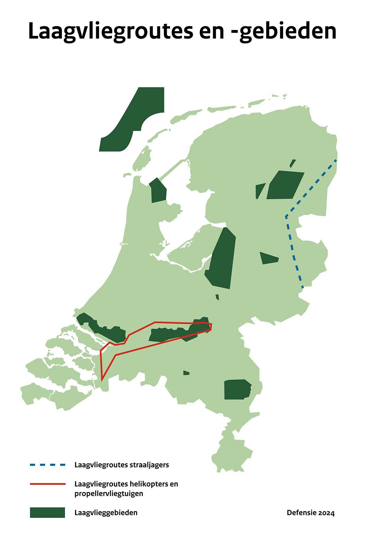 Detail kaart Nederland met laagvliegroutes en -gebieden. Informatie staat op de pagina Geluidhoeveelheid en vlieghoogten.