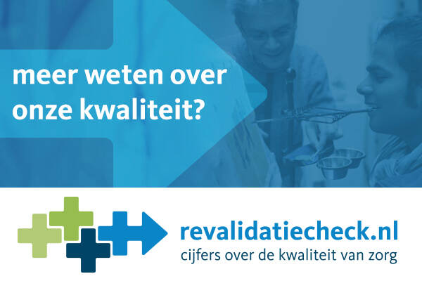 Logo website Revalidatiecheck. Tekst: meer weten over onze kwaliteit? Revalidatiecheck.nl cijfers over de kwaliteit van zorg. De banner linkt naar revalidatiecheck.nl.