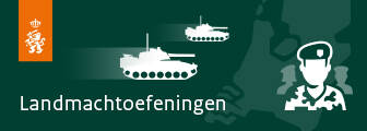 Afbeelding met tekeningen van 2 tanks en een landmachtmilitair met de tekst Landmachtoefeningen. De banner linkt naar de pagina Landmachtoefeningen.