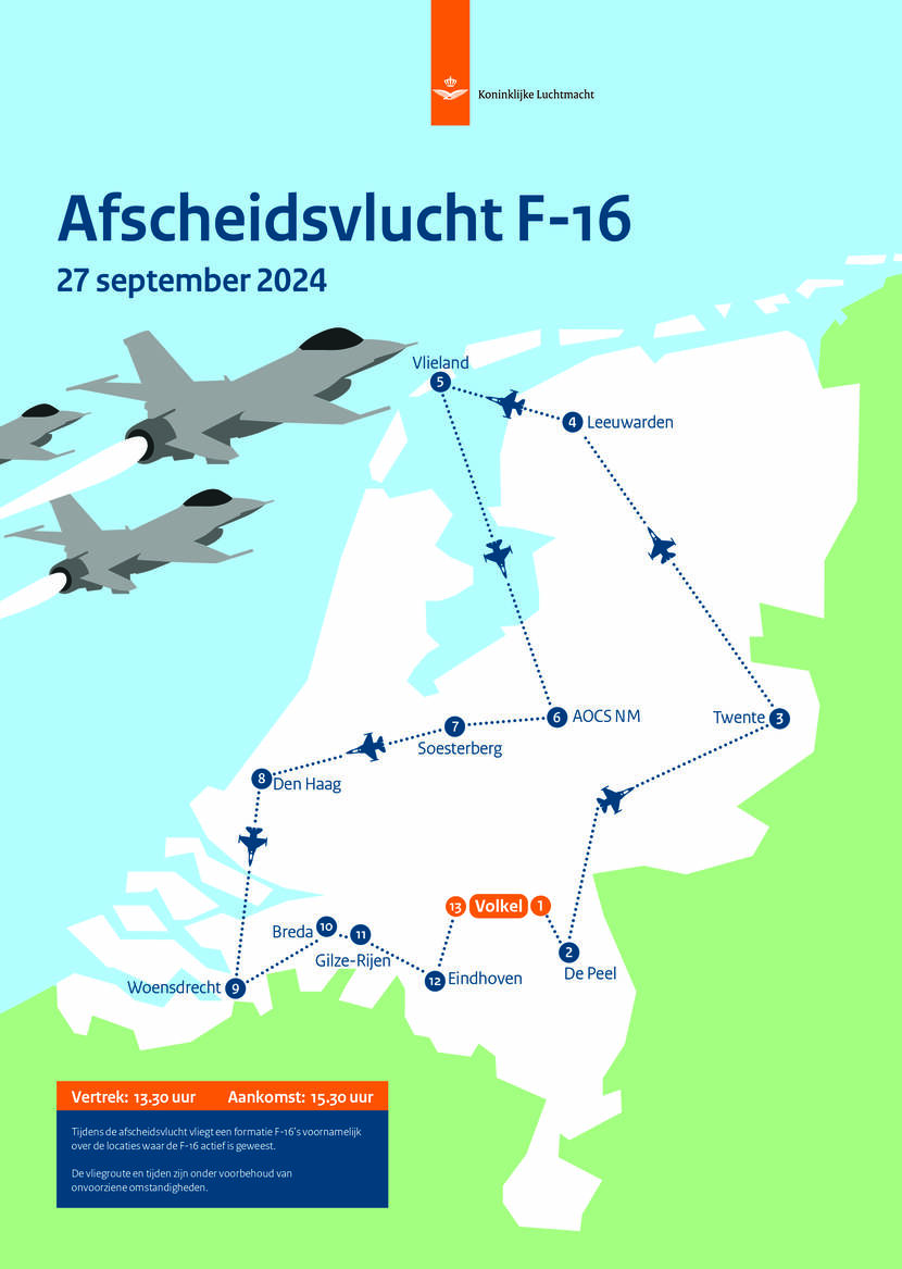 Afbeelding met vliegroute F-16's tijdens afscheidsvlucht op 27 september 2024. Tekst staat op de pagina.