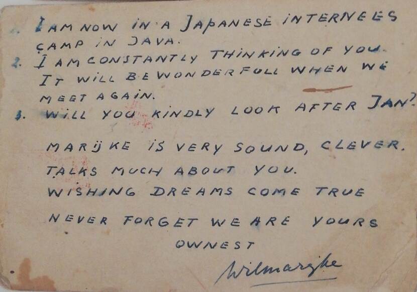 Kaart van de opa van Kirsten vanuit het concentratiekamp in Japan.