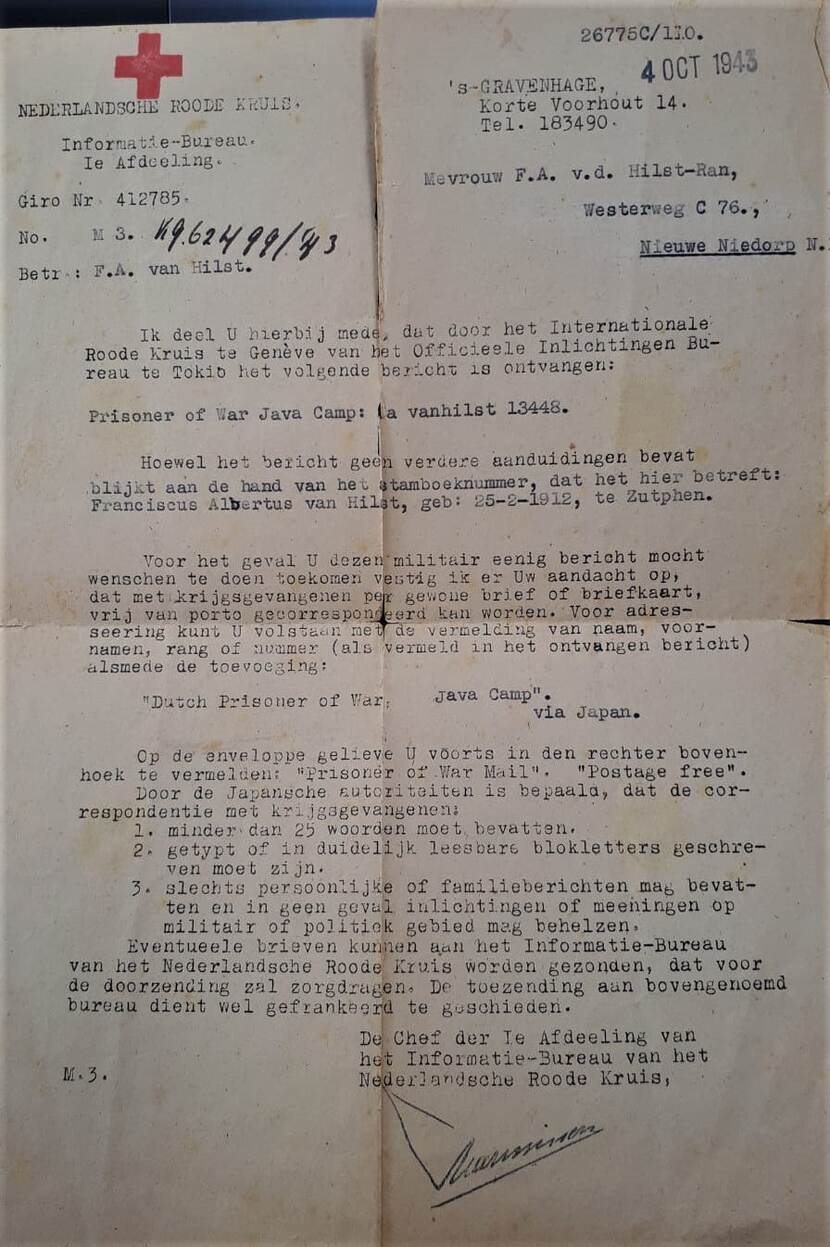 Oude brief waarop staat dat Van Hilst gevangen is genomen.