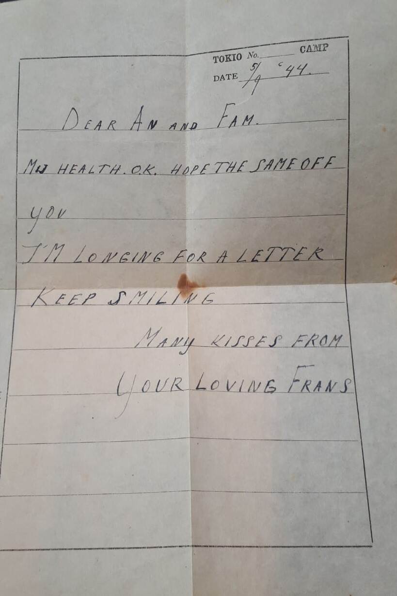 Een handgeschreven brief  uit 1944 van Van Hilst gericht aan zijn familie.
