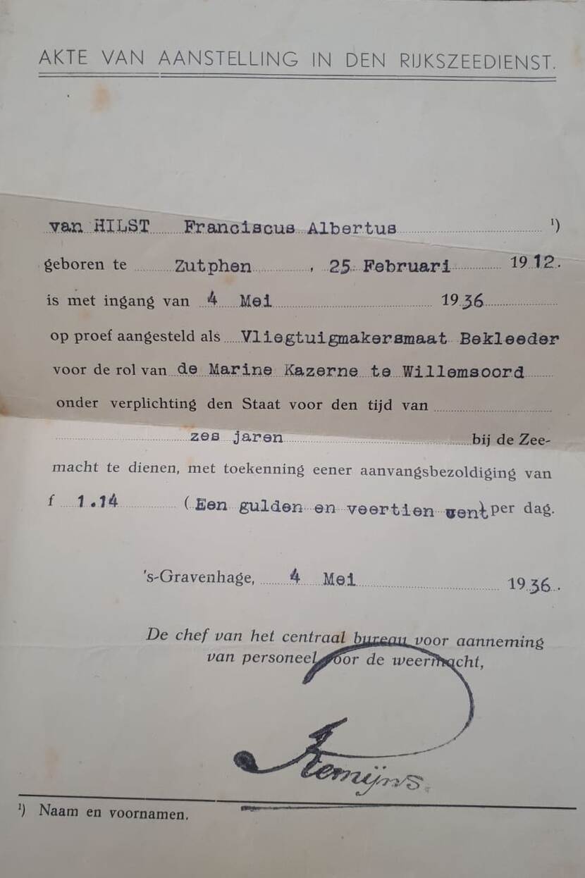 Aanstellingsbrief van Van Hilst uit 1936.