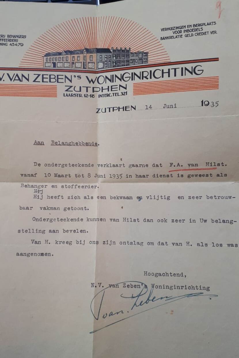 Getuigschrift Van Hilst uit 1935 van Van Zeben Woninginrichting.