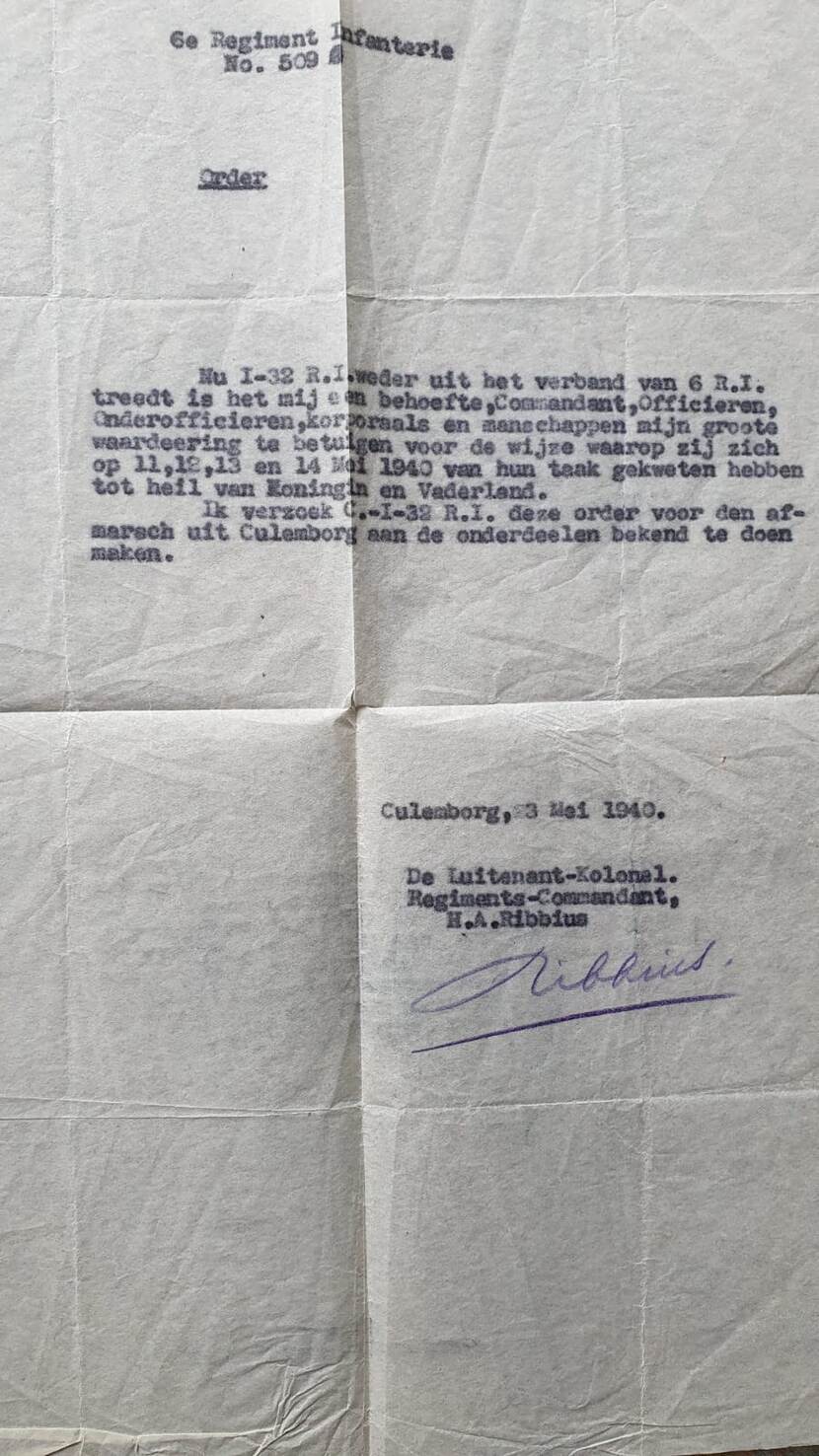 Order waarin regimentscommandant zijn waardering uitspreekt aan de eenheid van Thulais overgrootvader voor hun optreden tijdens de Meidagen 1940.