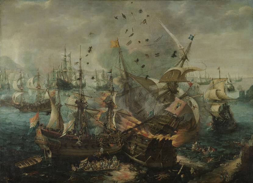 Ontploffen van Spaanse admiraalsschip tijdens de zeeslag bij Gibraltar. 'Slag bij Gibraltar' is een schilderij van Cornelis Claesz. van Wieringen (circa 1621).