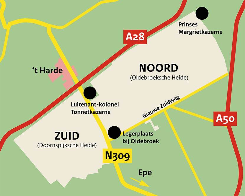 Simpele kaart met daarop aangegeven de welke oefenterreinen ten Noorden (Olderbroeksche Heide) en Zuiden (Doornspijksche Heide) van de het ASK, de Luitenant-kolonel Tonnetkazerne en de N309 weg liggen. Ook liggen 't Harden Noord-West van de oefengebieden en Epe Zuid-Oost. Met bovenlangs de oefengebieden de snelweg A28 en rechts van de oefengebieden de A50.