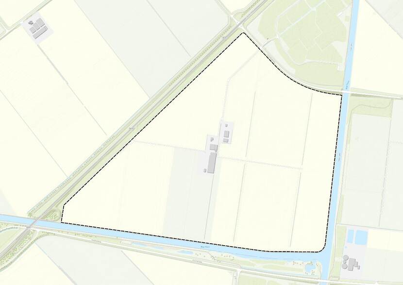 Kaart met daarop omlijnd het locatie-alternatief voor een extra locatie grootschalige munitieopslag in Biddinghuizen, gemeente Dronten, Flevoland.