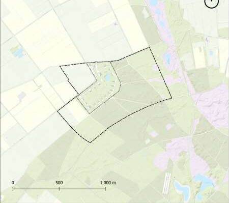 Kaart met daarop omlijnd het locatie-alternatief voor een extra locatie grootschalige munitieopslag in Staphorst, gemeente Staphorst, Overijssel.