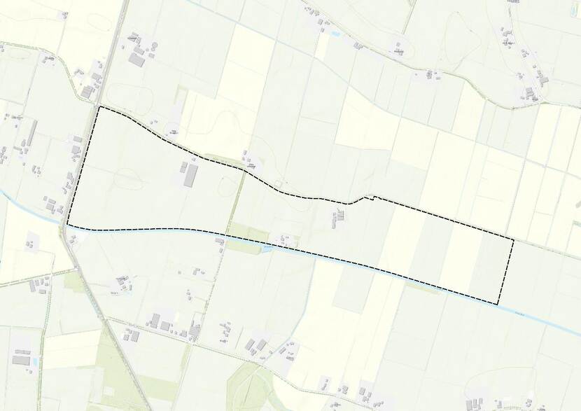 Kaart met daarop omlijnd het locatie-alternatief voor een extra locatie grootschalige munitieopslag in Hummelo, gemeente Bronckhorst, Gelderland.