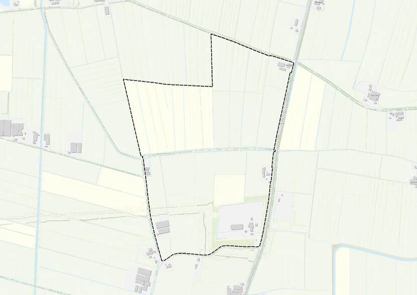 Kaart met daarop omlijnd het locatie-alternatief voor een extra locatie grootschalige munitieopslag in Zevenaar, gemeente Zevenaar, Gelderland.