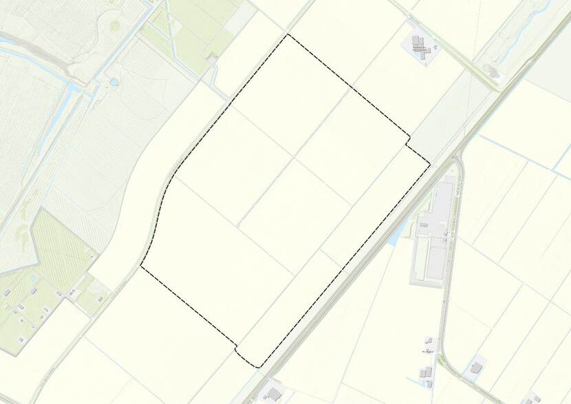 Kaart met daarop omlijnd het locatie-alternatief voor een nieuwe munitieopslag voor snel inzetbare capaciteit in Kollumerwaard Oost, gemeente Noardeast Fryslan, Friesland.