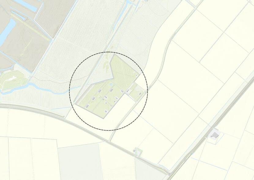 Kaart met daarop omlijnd het locatie-alternatief voor een nieuwe munitieopslag voor snel inzetbare capaciteit in de Oude kruitfabriek Kollumerwaard West, gemeente Noardeast Fryslan, Friesland.