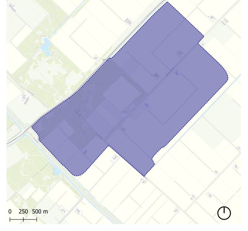 Kaart met daarop omlijnd het locatie-alternatief voor een nieuw terrein voor oefenen en trainen met explosieven in Lelystad, gemeente Lelystad, Flevoland.