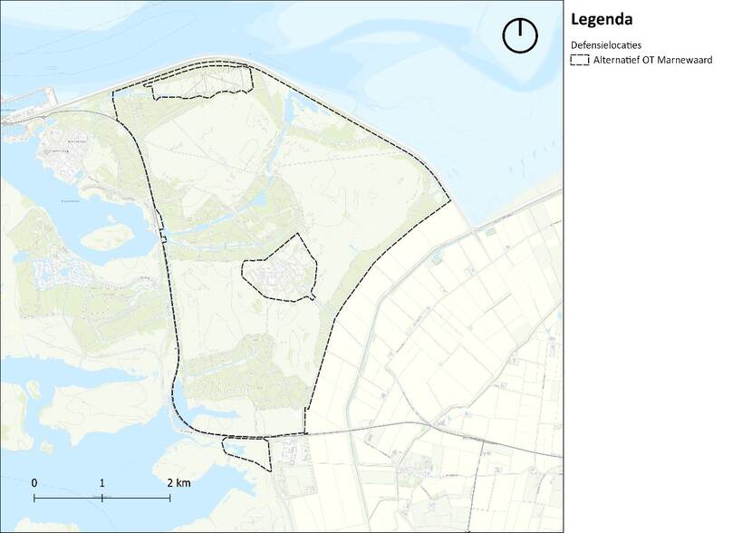 Kaart met daarop omlijnd het locatie-alternatief voor een nieuw amfibisch oefengebied in Marnehuizen, gemeente Het Hogeland, Groningen.