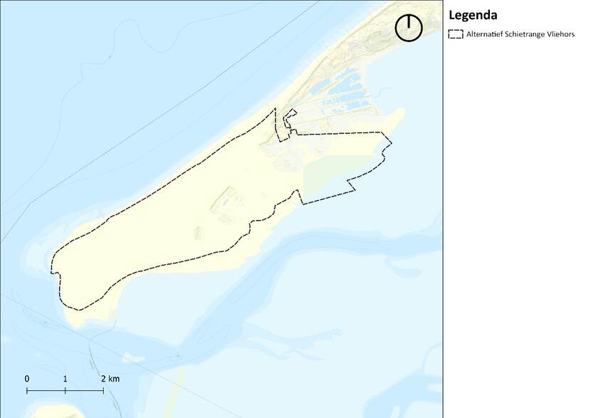 Kaart met daarop omlijnd het locatie-alternatief voor een nieuw amfibisch oefengebied in Vliehors, gemeente Vlieland, Friesland.