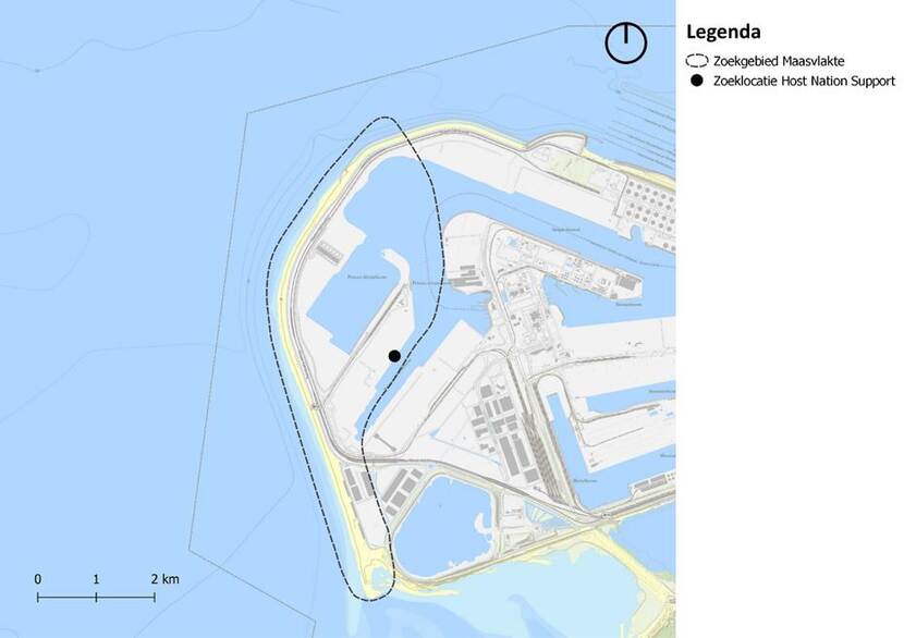 Kaart met daarop omlijnd het locatie-alternatief voor een nieuw amfibisch oefengebied op de Maasvlakte, gemeente Rotterdam, Zuid-Holland.